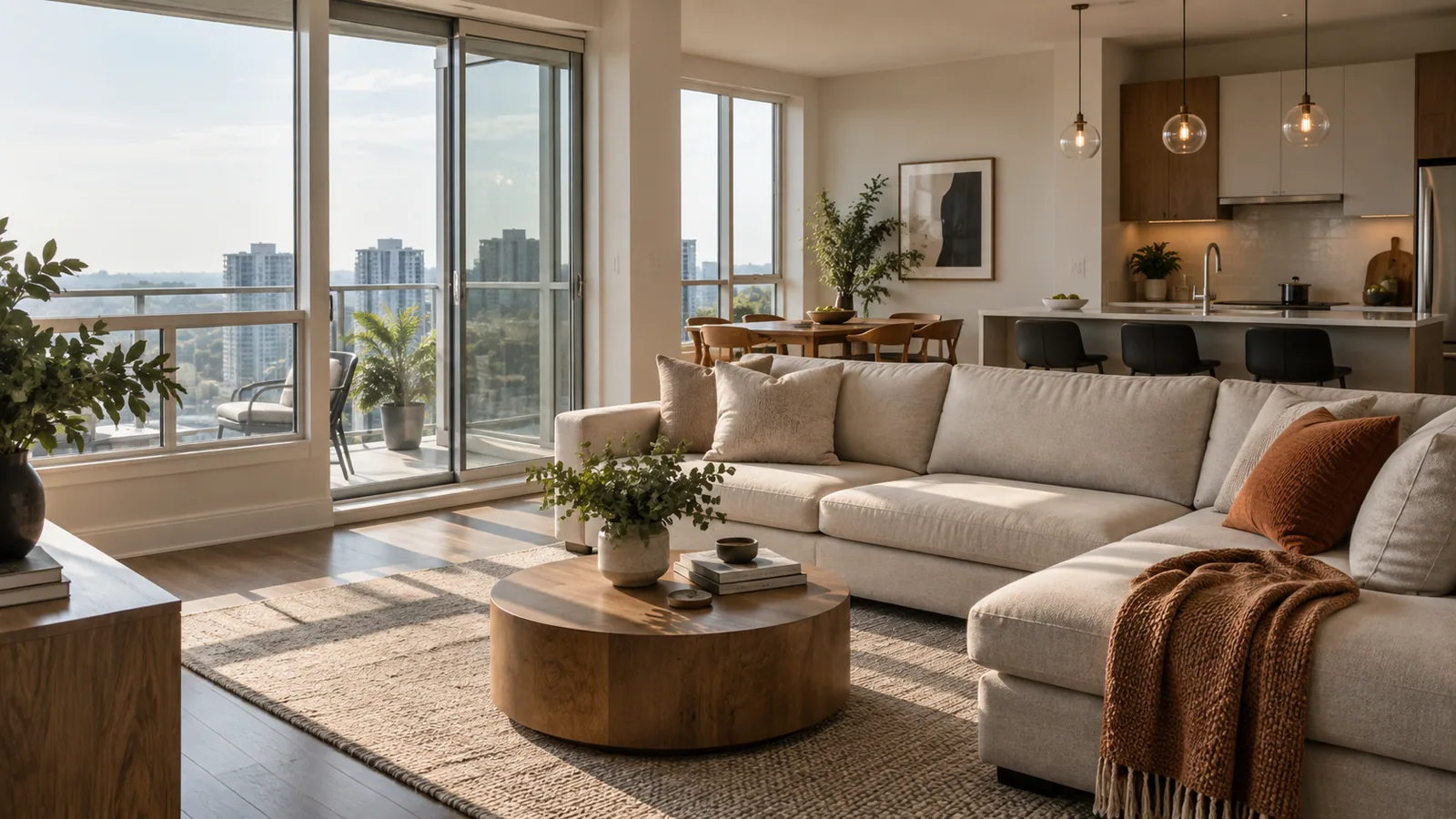 A calm, clean Mississauga condo living room and open kitchen