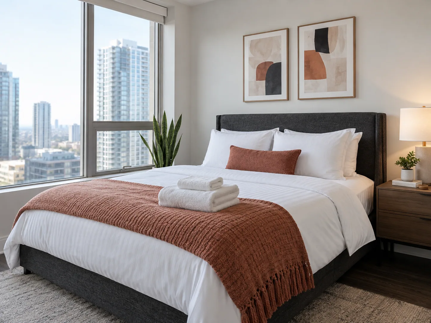 A guest-ready furnished condo bedroom with a neatly made bed and folded towels